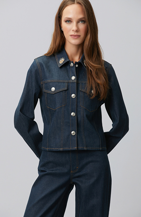 Koyu Indigo Mavi Yaka Aksesuarlı Denim Mont