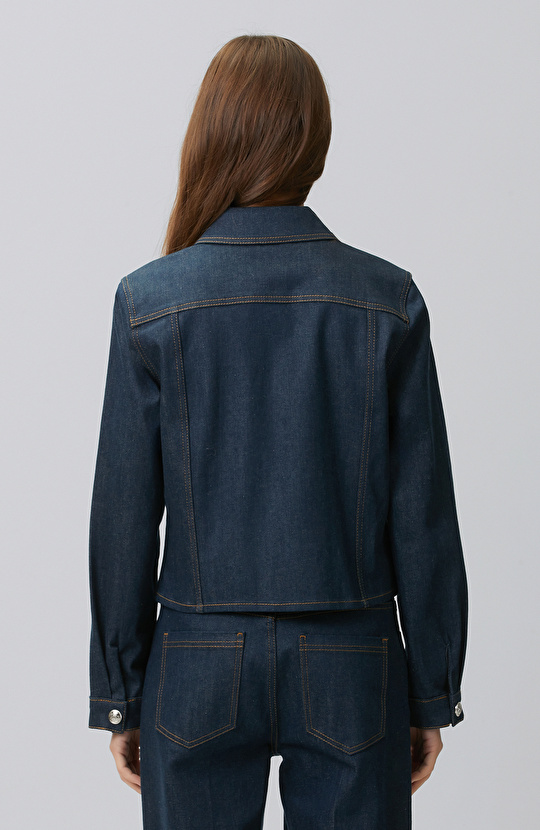 Koyu Indigo Mavi Yaka Aksesuarlı Denim Mont