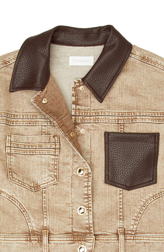 Beige Faux Leather Collar Garnished Denim Coat