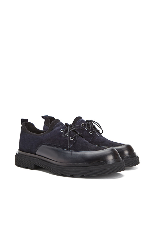 Navy Blue Suede Garnished Men's Leather Shoes