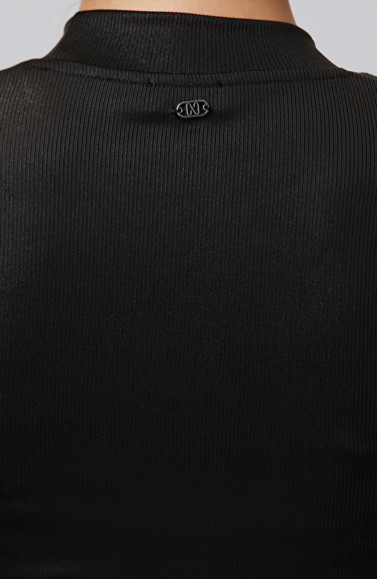 Siyah Varak Baskılı Kaşkorse Uzun Kol T-shirt