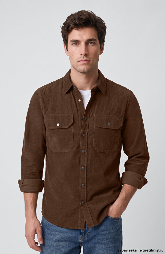 Slim Fit Haki Pamuklu Fitilli Kadife Gömlek