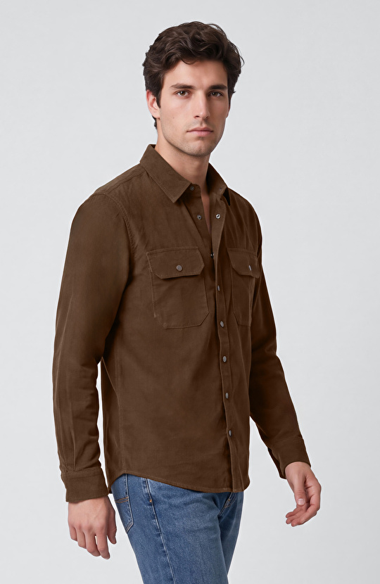Slim Fit Haki Pamuklu Fitilli Kadife Gömlek