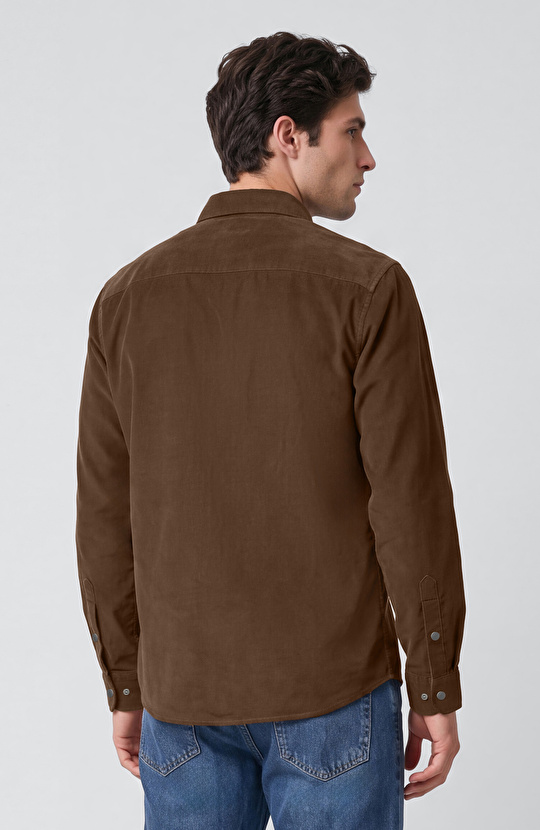 Slim Fit Haki Pamuklu Fitilli Kadife Gömlek