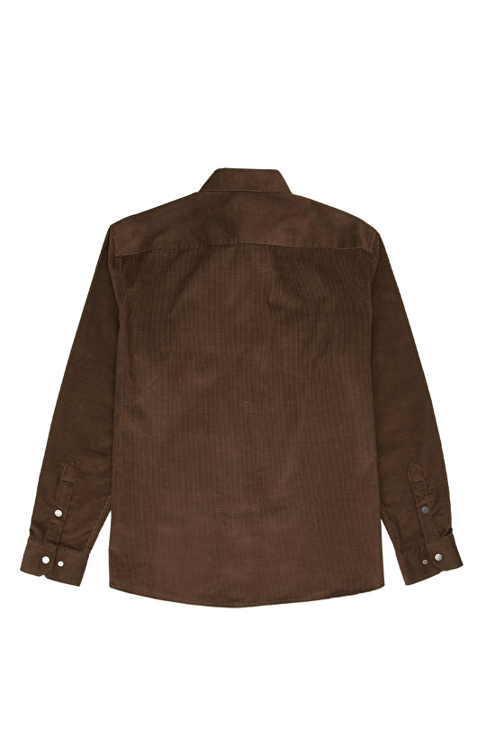 Slim Fit Haki Pamuklu Fitilli Kadife Gömlek