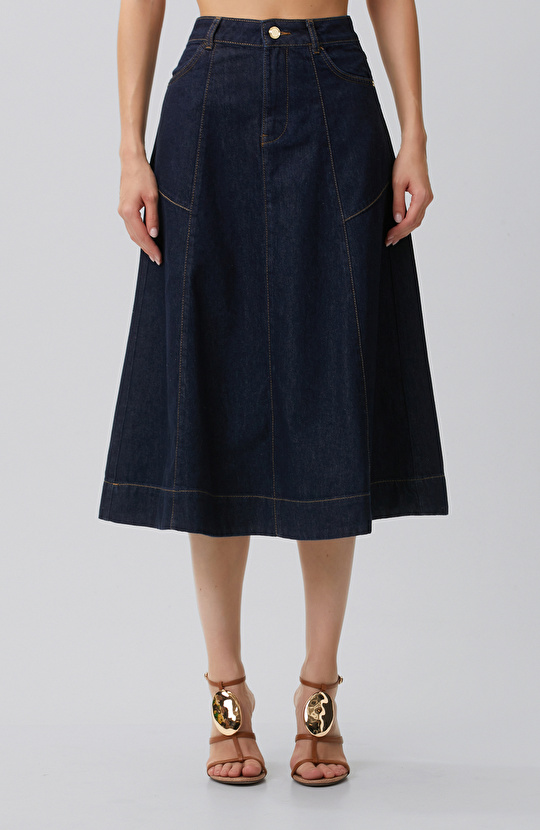 Indigo Dikiş Detaylı Denim Etek