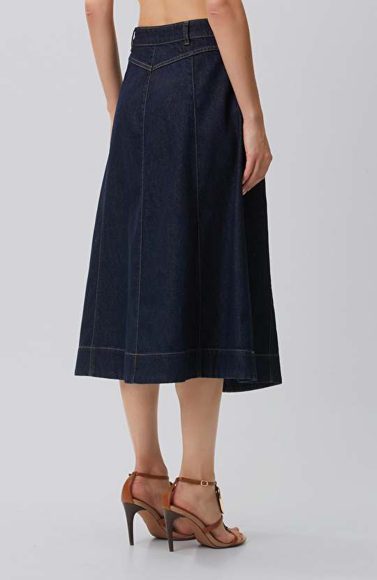 Indigo Dikiş Detaylı Denim Etek