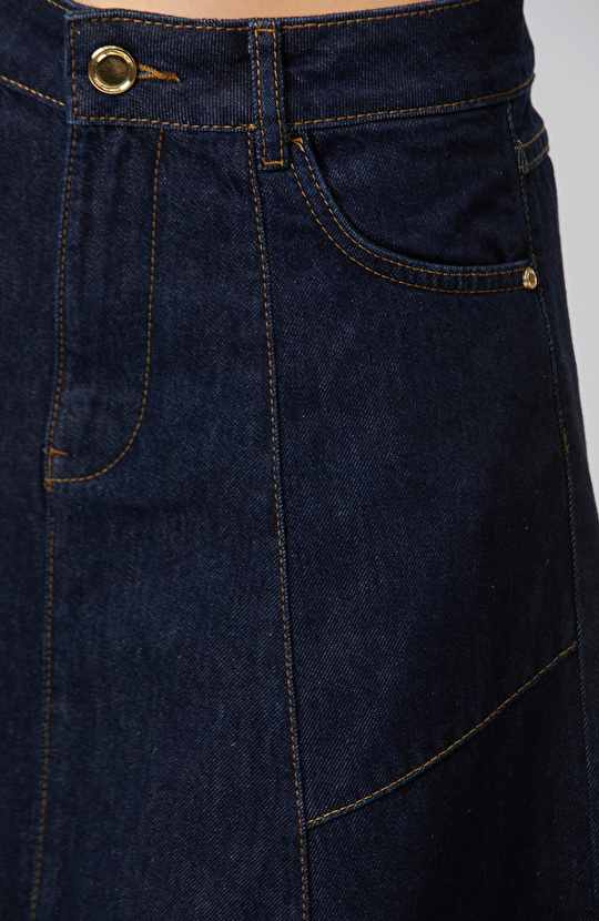 Indigo Dikiş Detaylı Denim Etek
