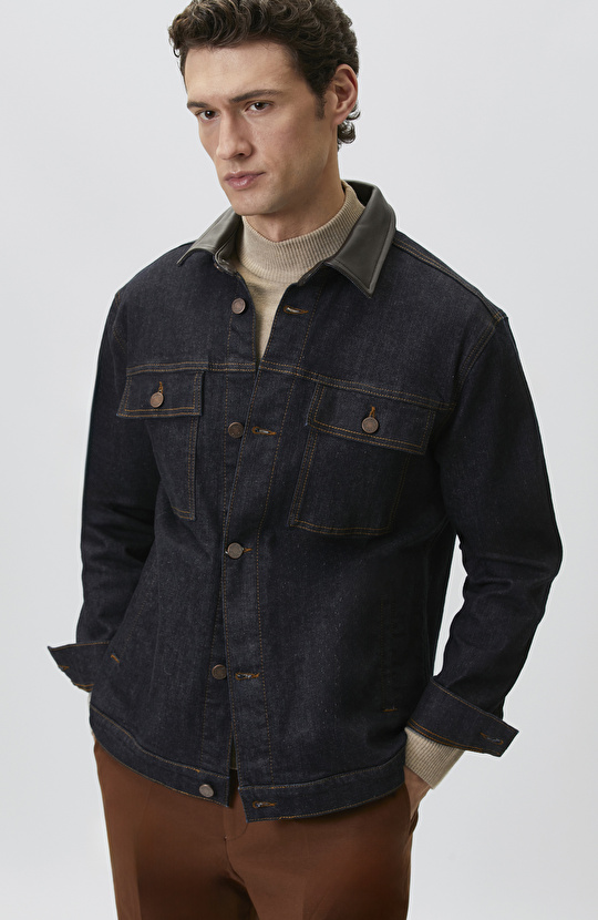 Lacivert Yakası Deri Garnili Denim Mont
