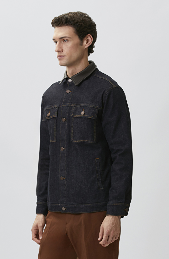 Lacivert Yakası Deri Garnili Denim Mont