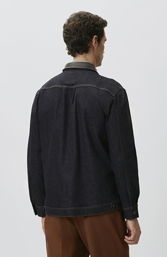 Lacivert Yakası Deri Garnili Denim Mont