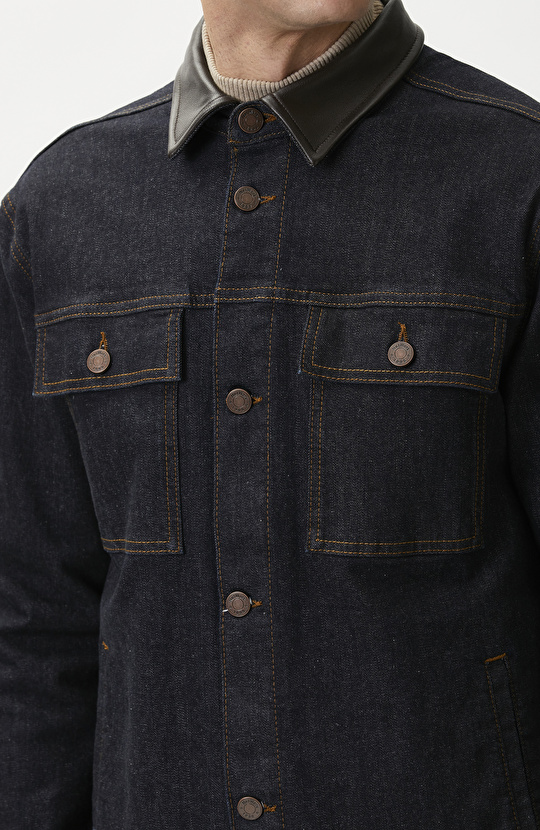 Lacivert Yakası Deri Garnili Denim Mont