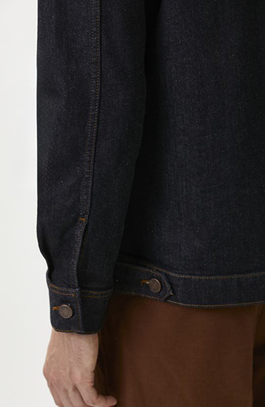 Lacivert Yakası Deri Garnili Denim Mont