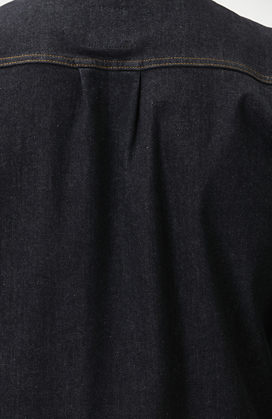 Lacivert Yakası Deri Garnili Denim Mont