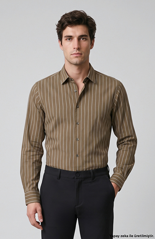 Haki Slim Fit Çizgili Gömlek