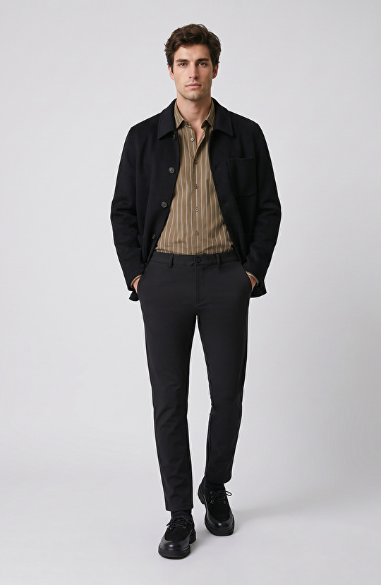 Haki Slim Fit Çizgili Gömlek