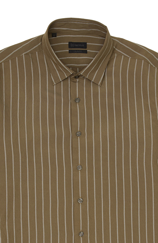 Haki Slim Fit Çizgili Gömlek