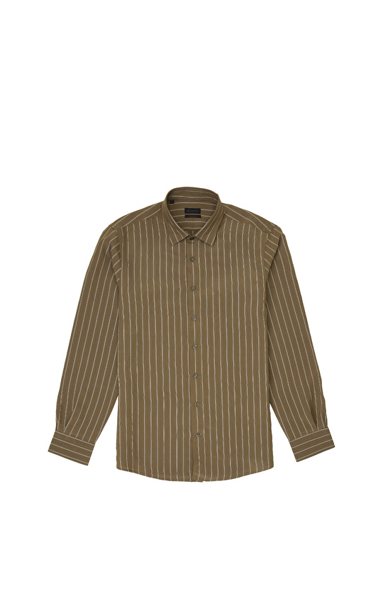 Haki Slim Fit Çizgili Gömlek