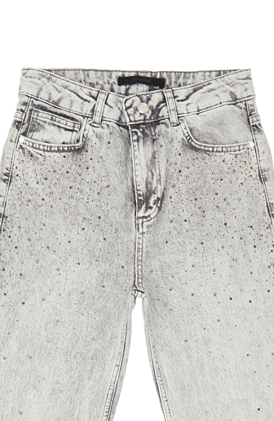 Açık Gri Kesik Paça Taş Baskılı Denim Pantolon