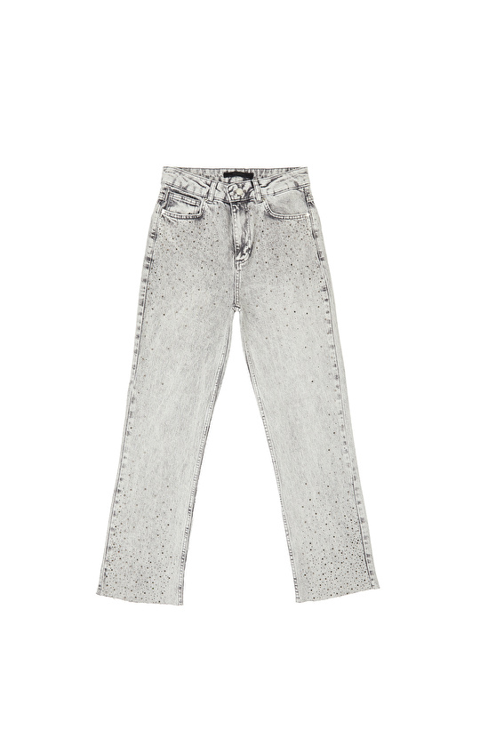 Açık Gri Kesik Paça Taş Baskılı Denim Pantolon
