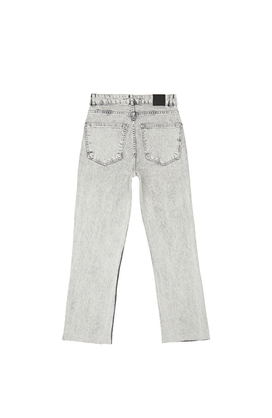 Açık Gri Kesik Paça Taş Baskılı Denim Pantolon