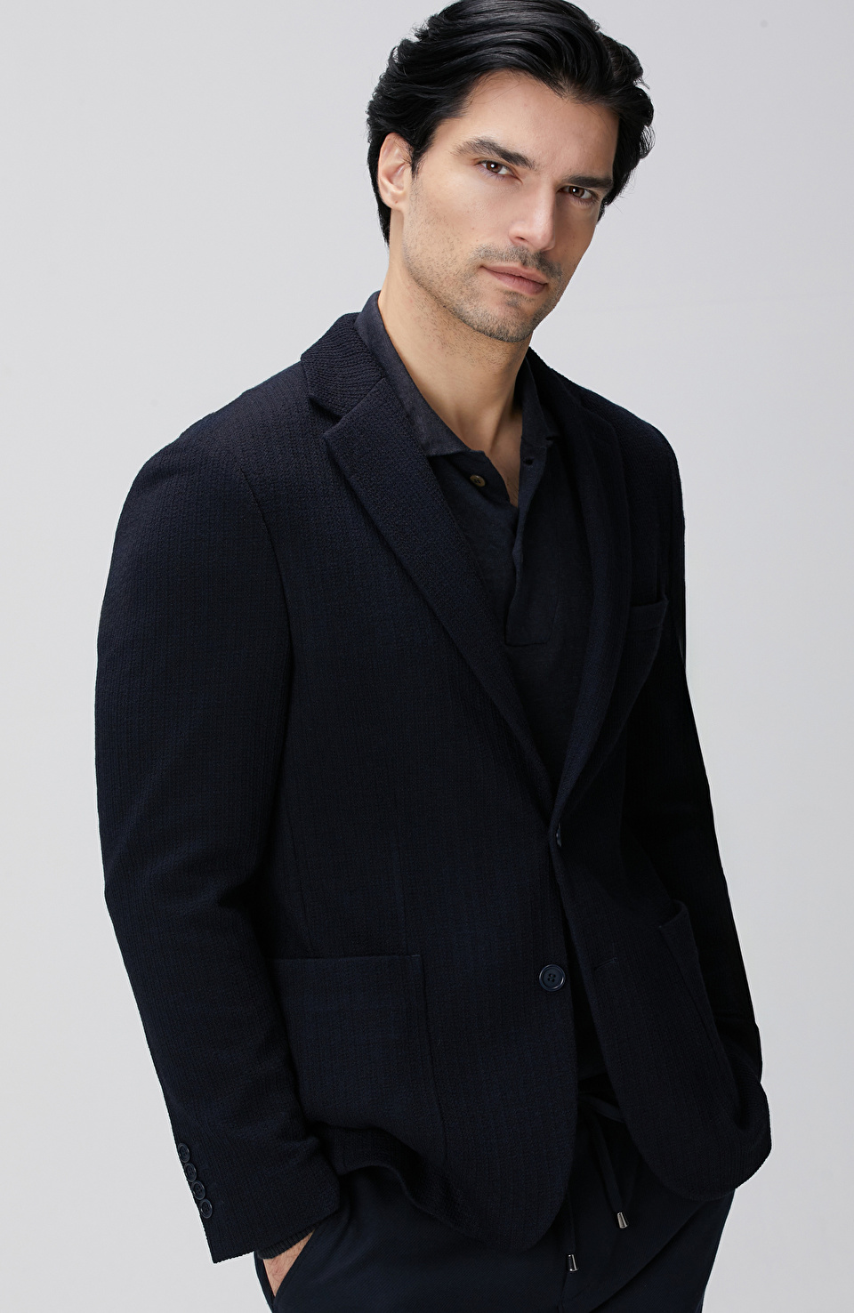 Lacivert Yün Karışımlı Örme Ceket