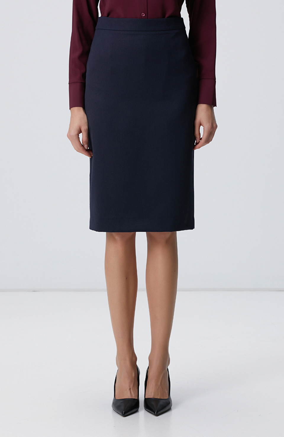 Lacivert Yün Karışımlı Midi Kalem Etek