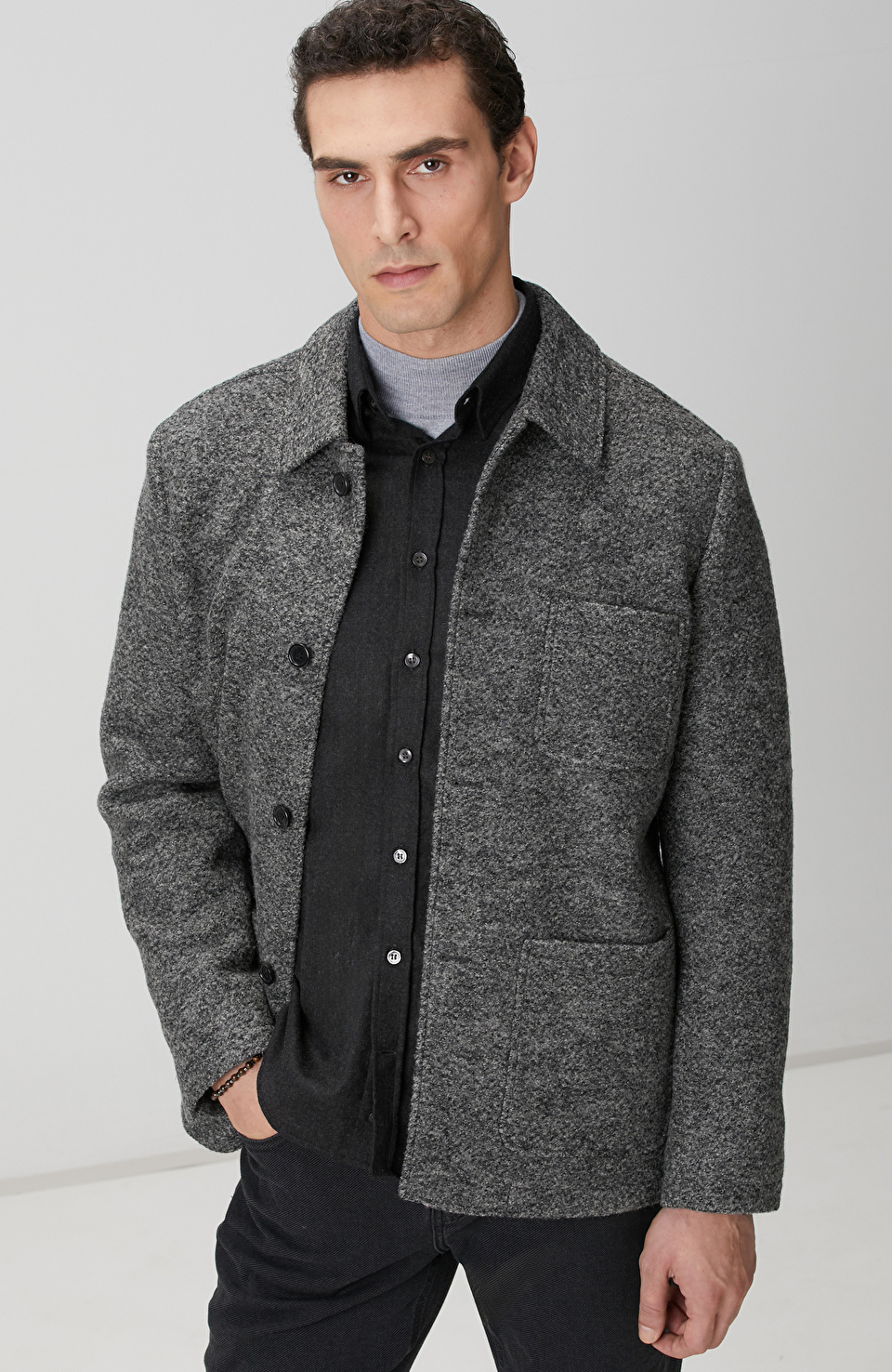 Gri Melanj Yün Örme Ceket