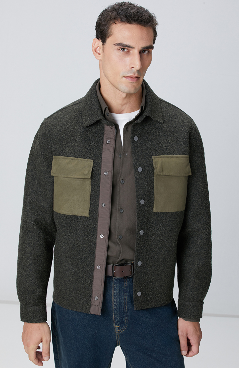 Haki Yün Karışımlı Dış Gömlek