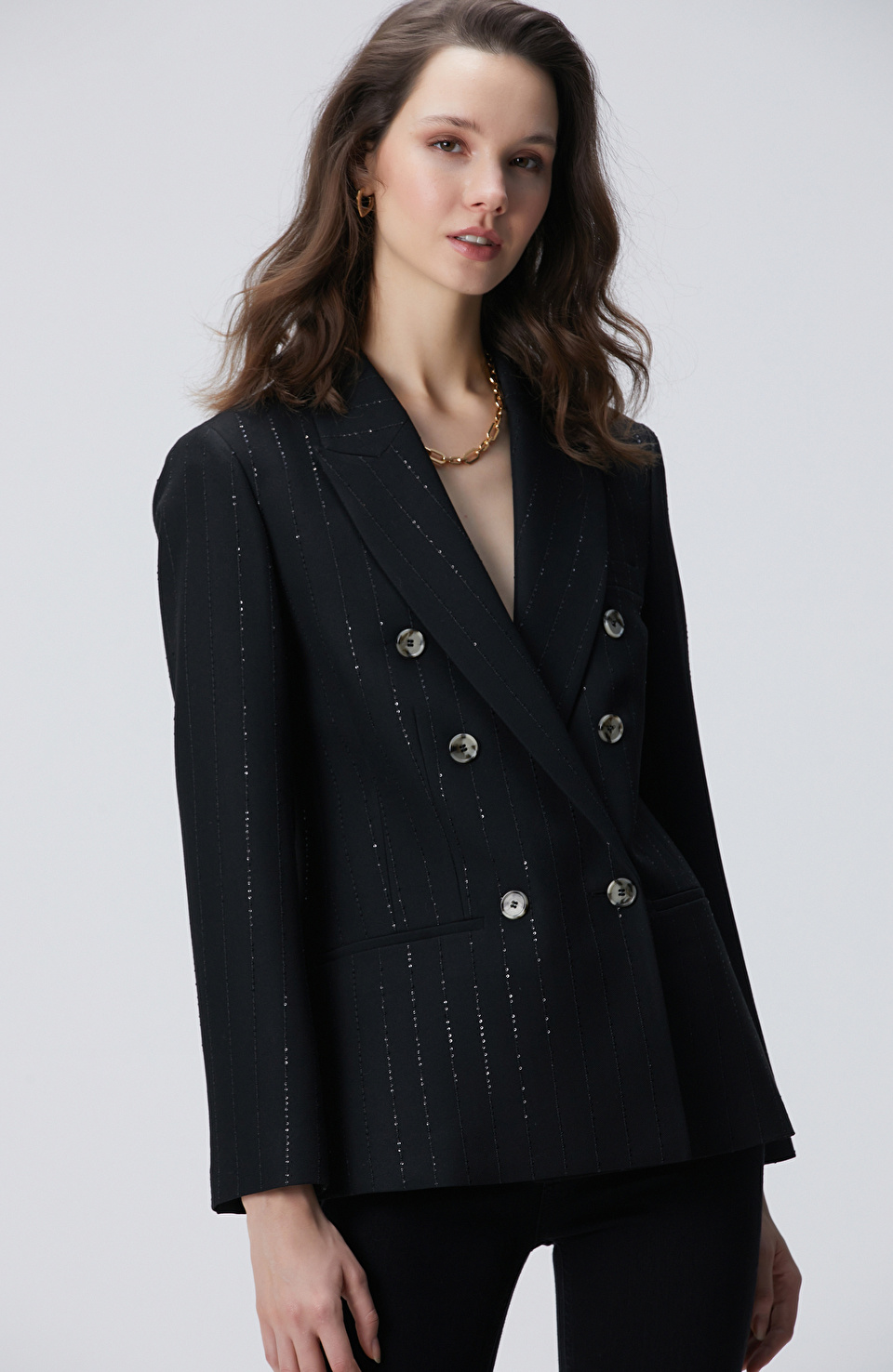 Siyah Payetli Çizgili Ceket