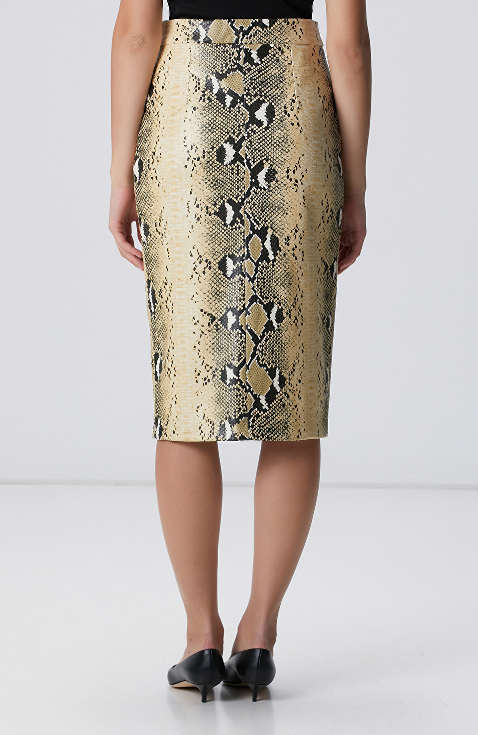 Haki Desenli Suni Deri Midi Etek