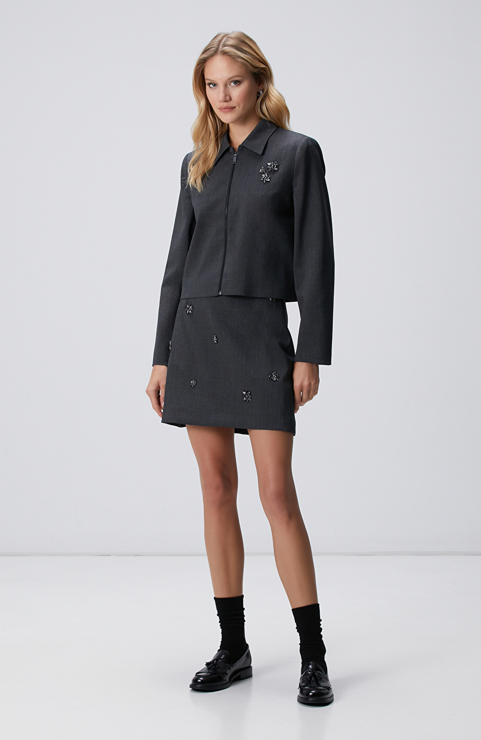 Koyu Gri Yün Karışımlı Mini Etek