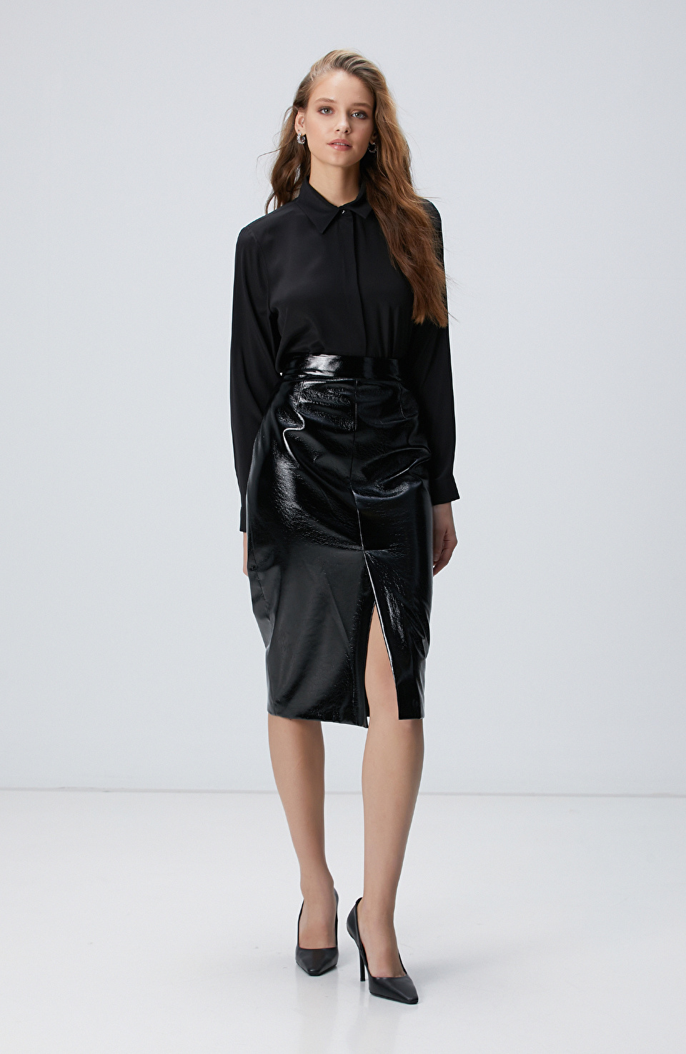 Siyah Vegan Deri Midi Kalem Etek