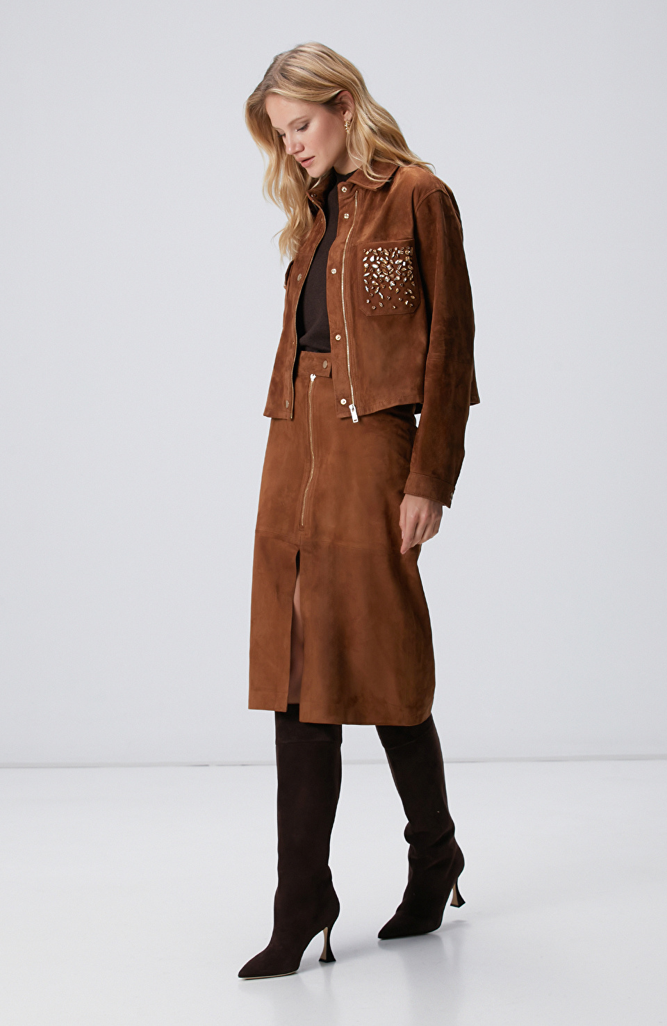 Tarçın Süet Deri Midi Etek