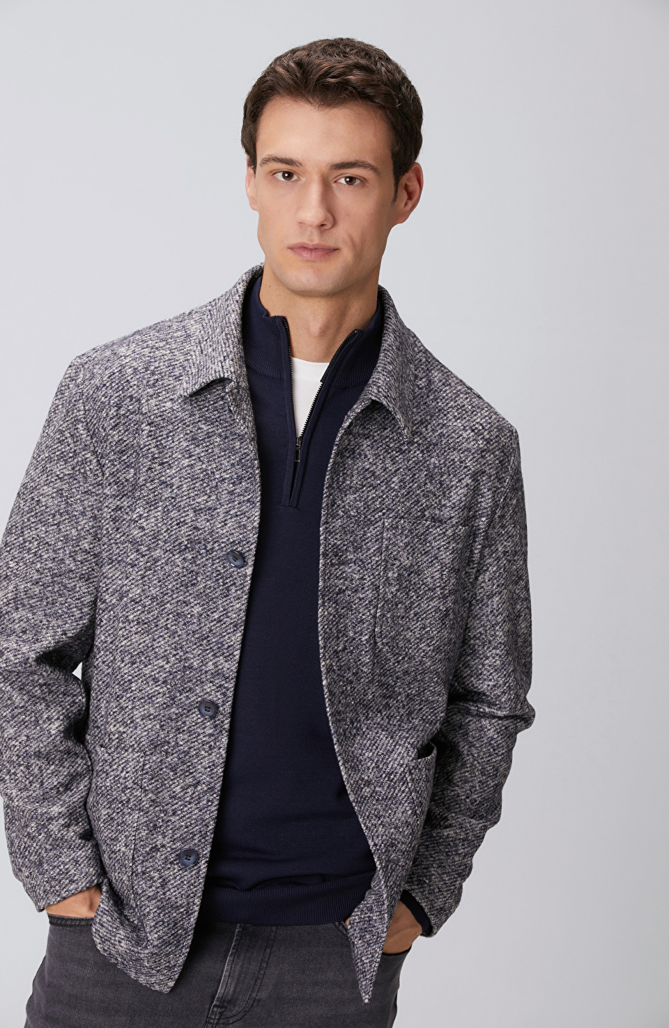 Lacivert Yün Karışımlı Örme Ceket