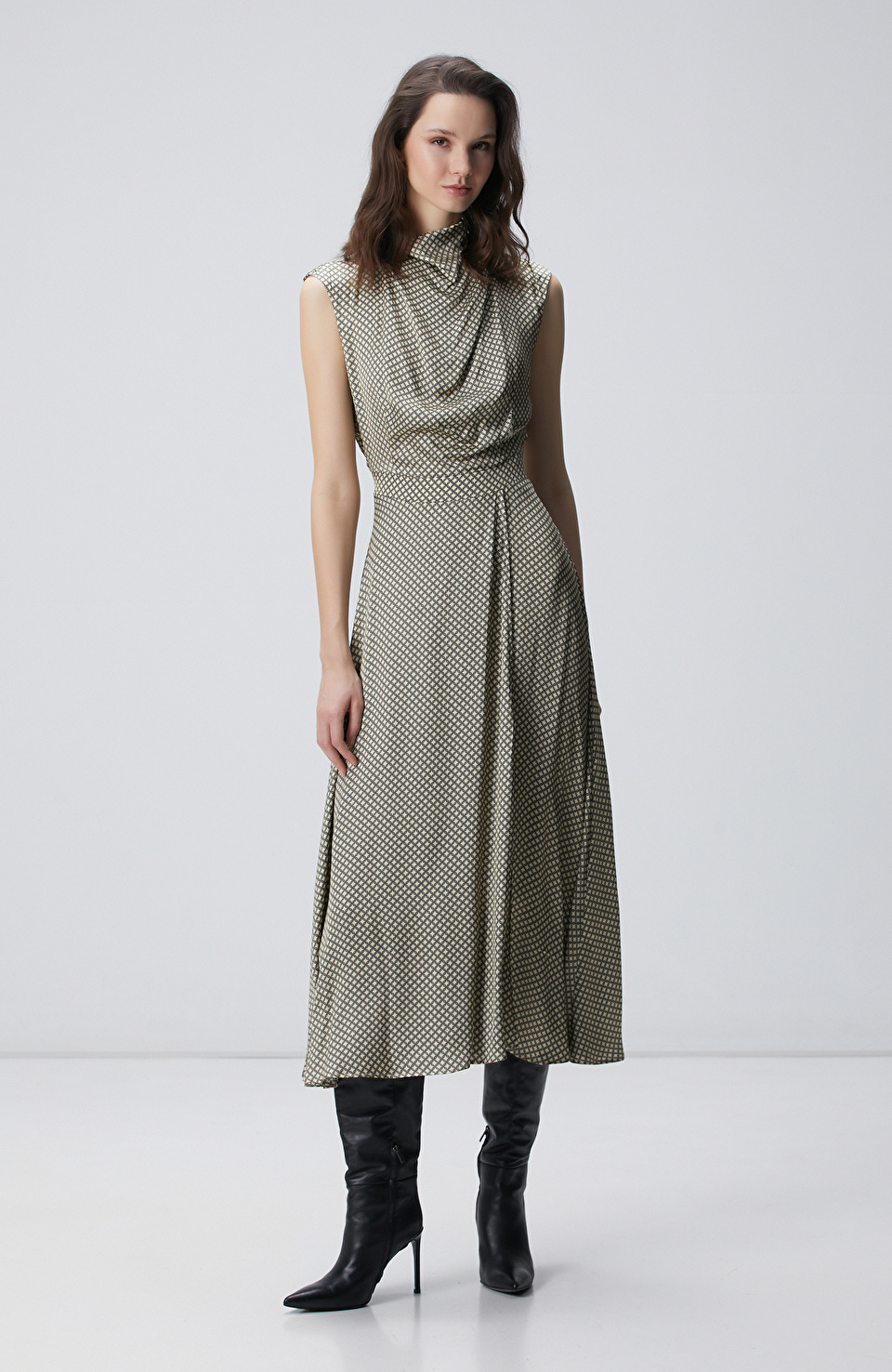 Sarı Desenli Midi Elbise