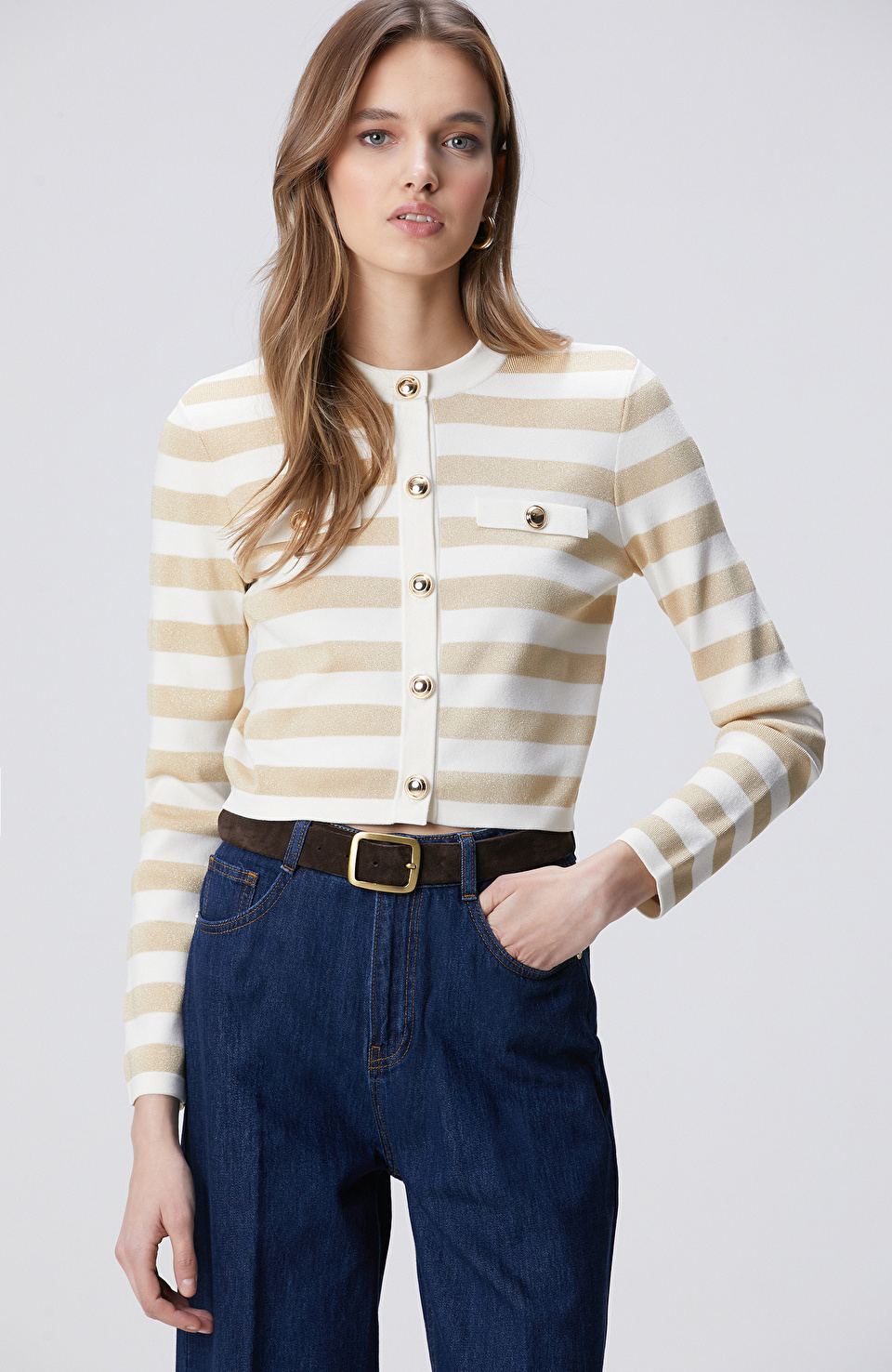 Kırık Beyaz Simli Triko Ceket