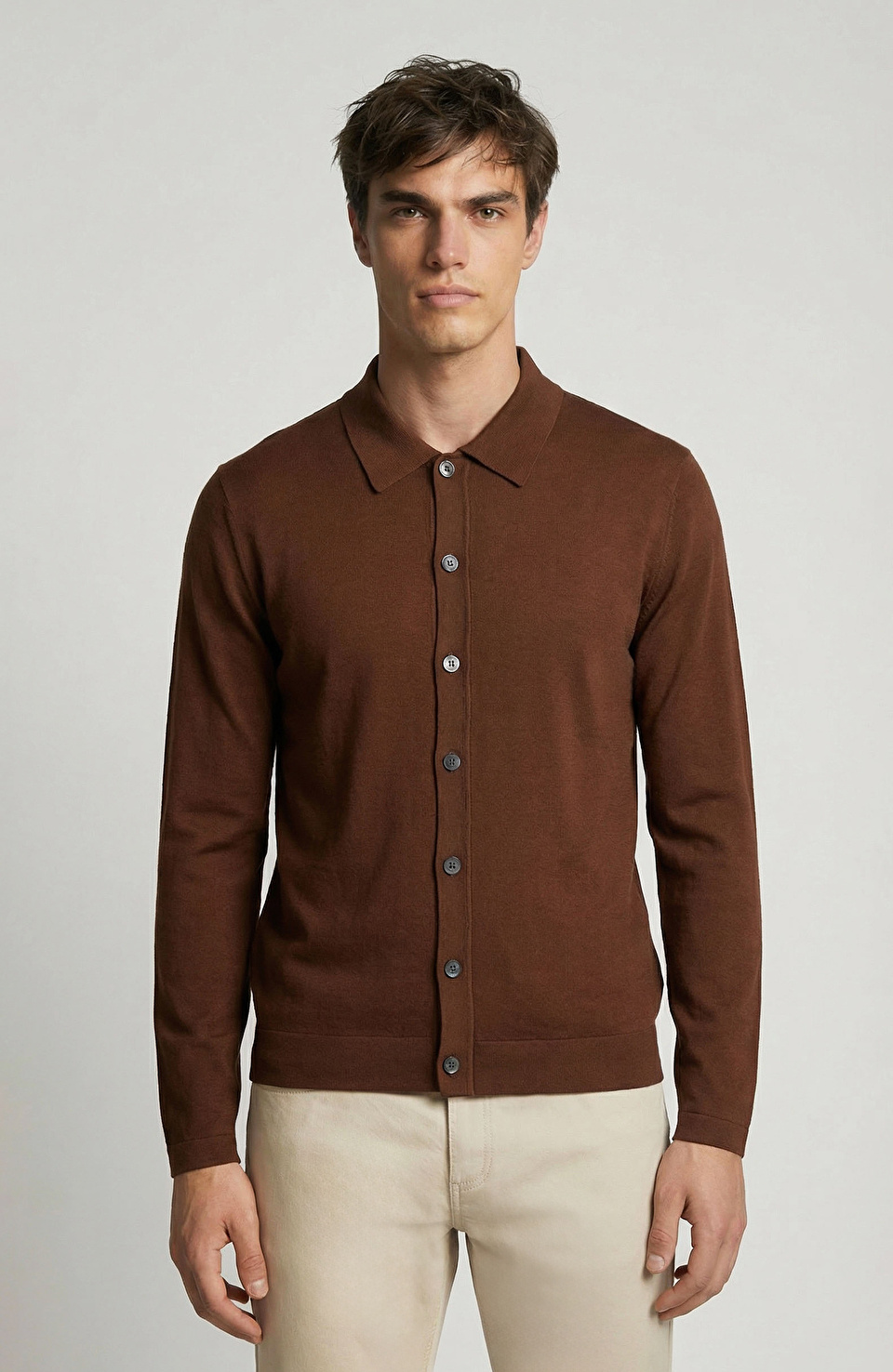 Limited Kahverengi İpek Karışımlı Triko Gömlek