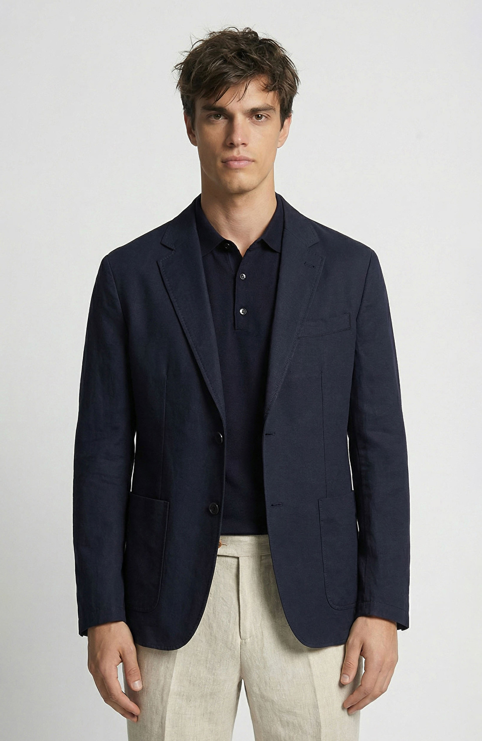 Lacivert Keten Karışımlı Ceket