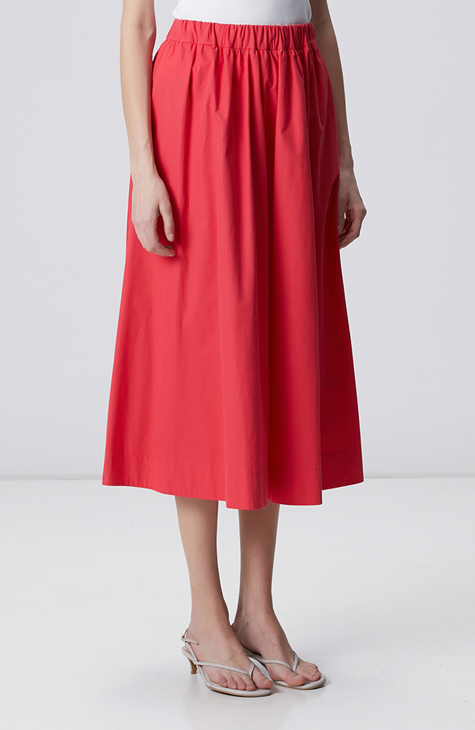 Nar Çiçeği Beli Lastikli Midi Poplin Etek