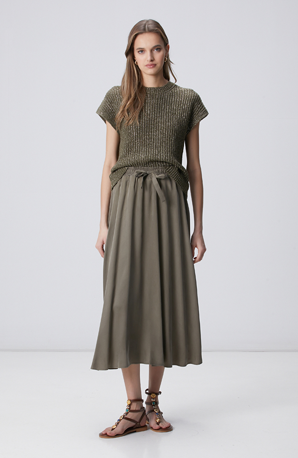 Haki Maksi Cupro Etek