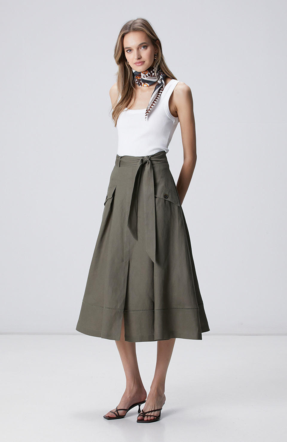 Haki Midi Keten Etek