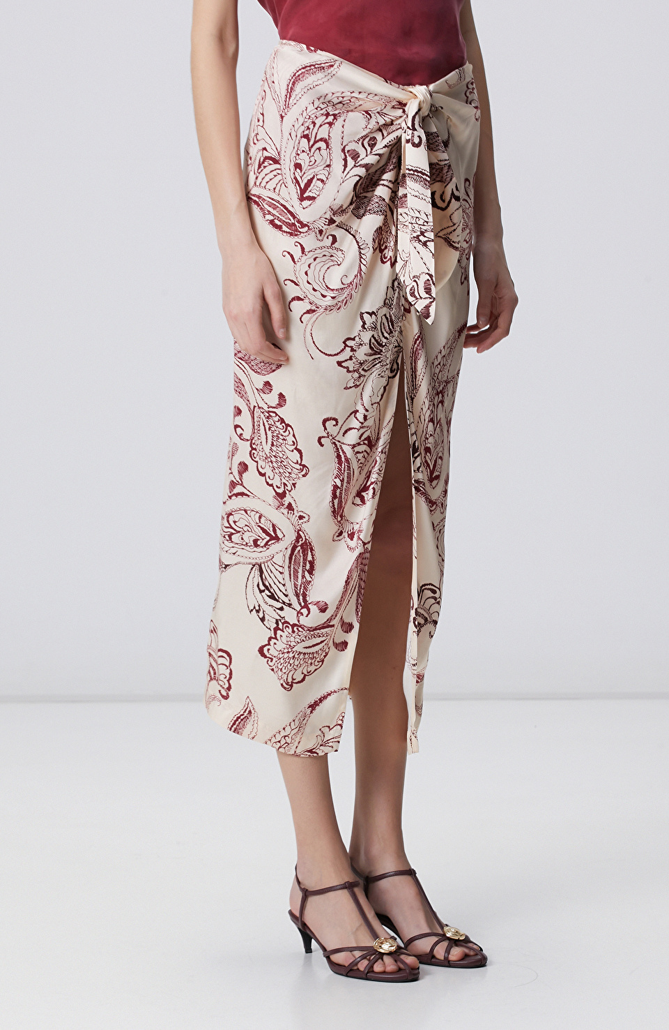 Vişne Şal Desenli Midi Etek