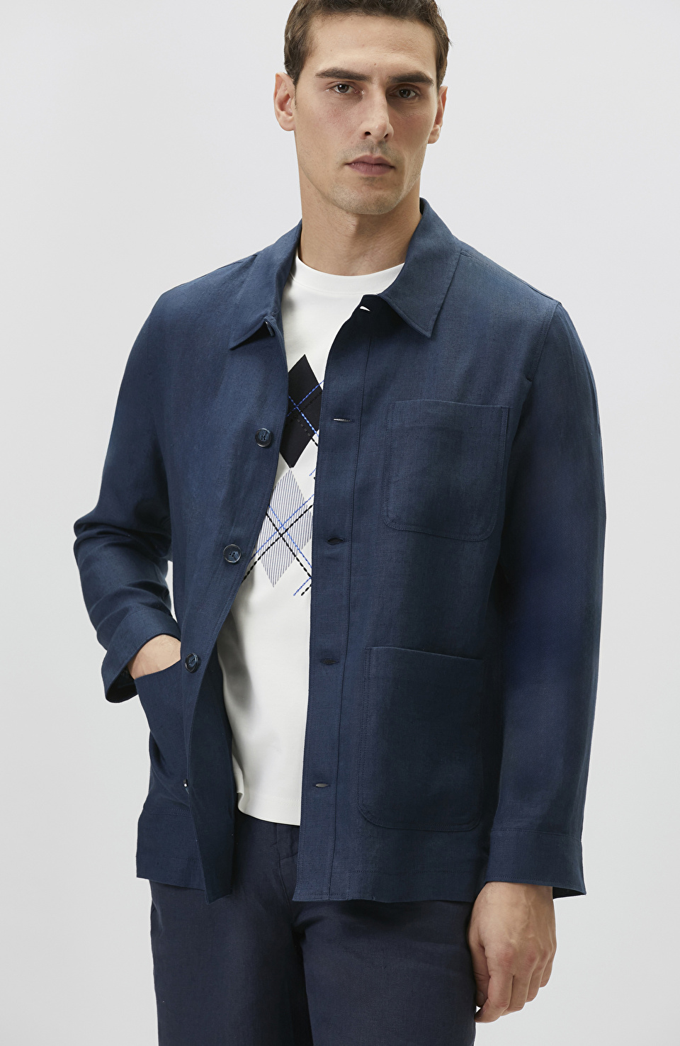 Comfort Fit Lacivert Cep Detaylı Keten Dış Gömlek