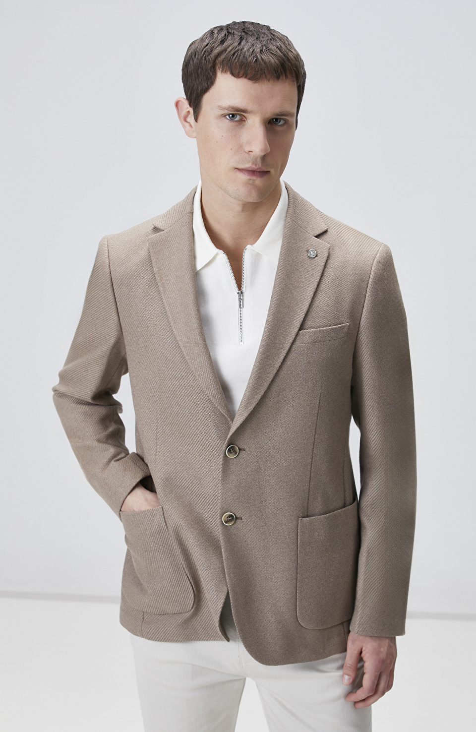 Kahverengi Slim Fit Jakarlı Dokuma Ceket