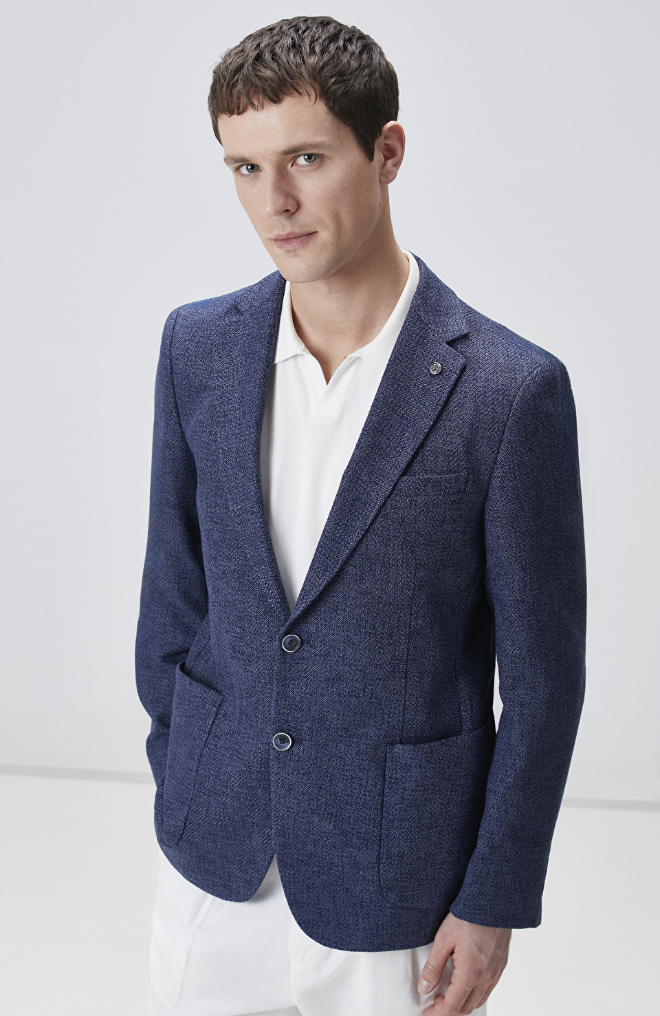 Lacivert Slim Fit Jakarlı Dokuma Ceket