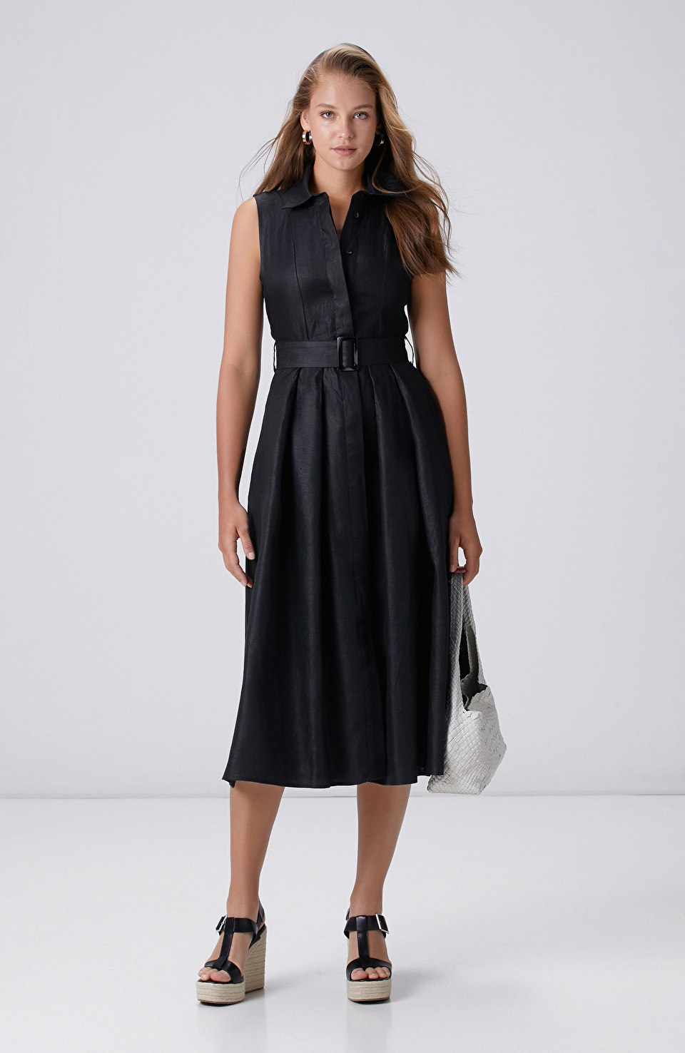 Bej Melanj Keten Elbise