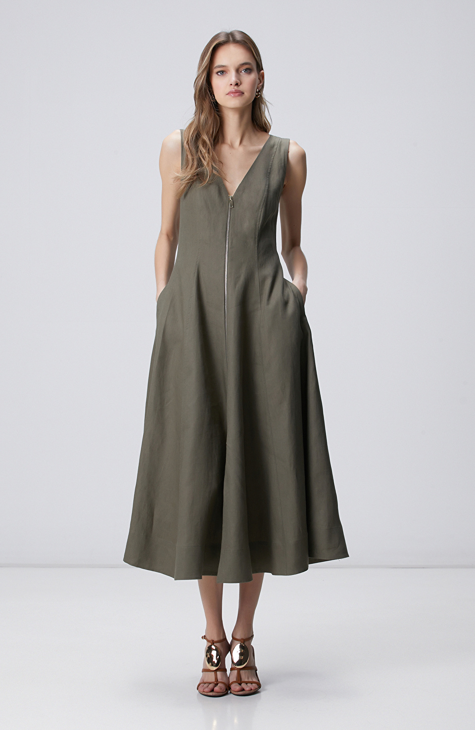 Haki Keten Midi Elbise