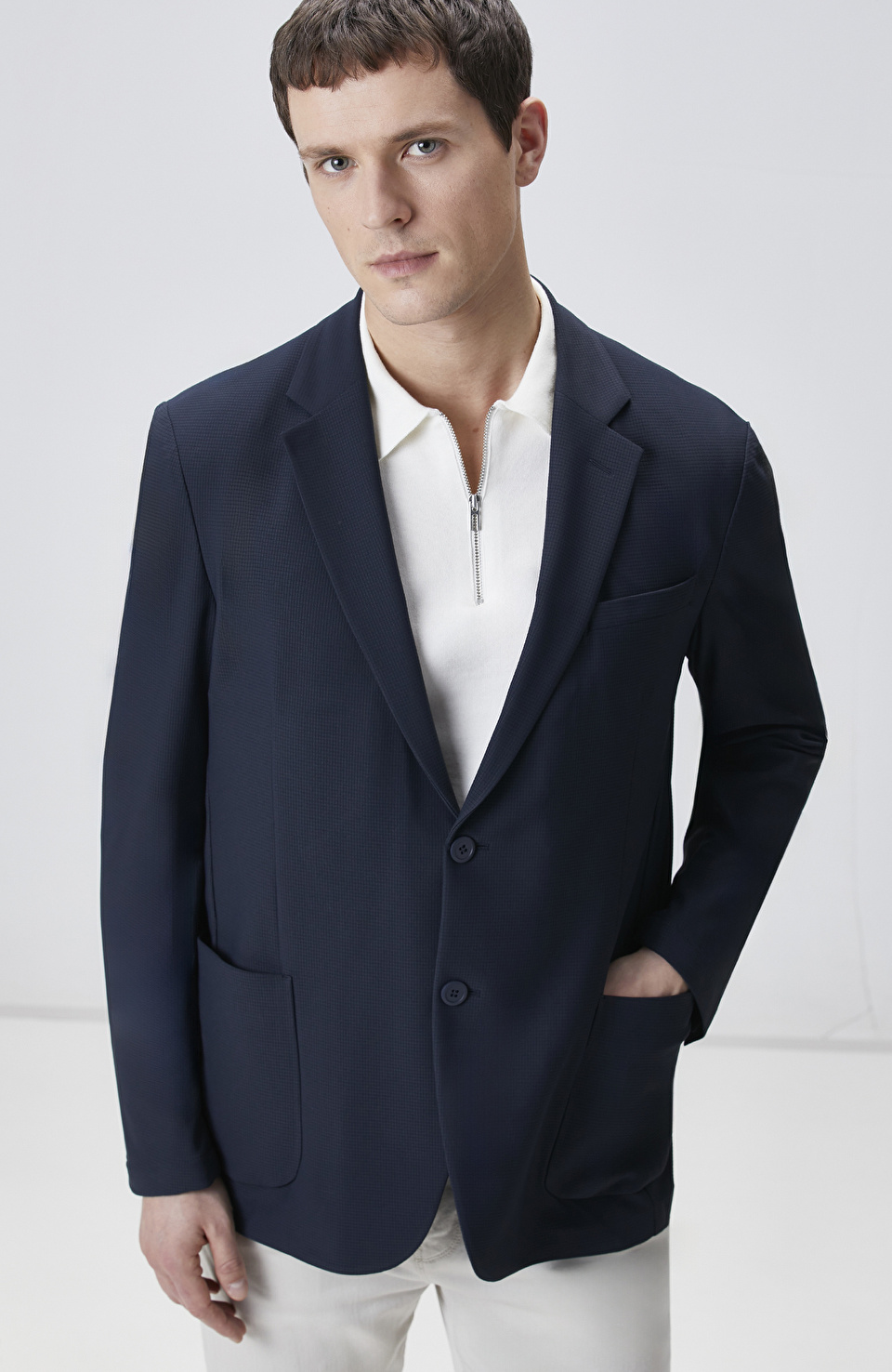 Lacivert Jakarlı Örme Ceket