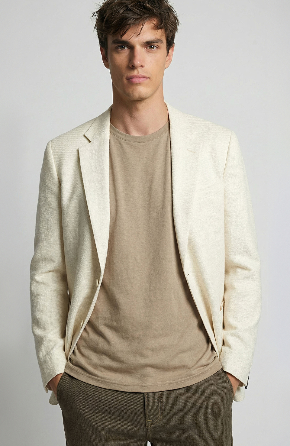 Bej Keten Karışımlı Örme Ceket